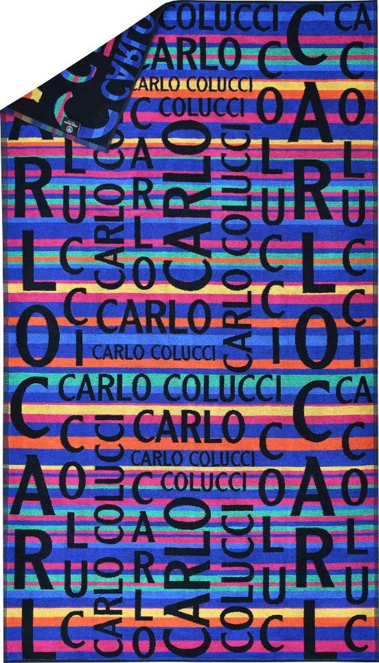 und Jacquard-Optik Schriftzügen blau-pink Carlo (1-St), Matteo, Frottier in Strandtuch auffälliger COLUCCI Colucci CARLO