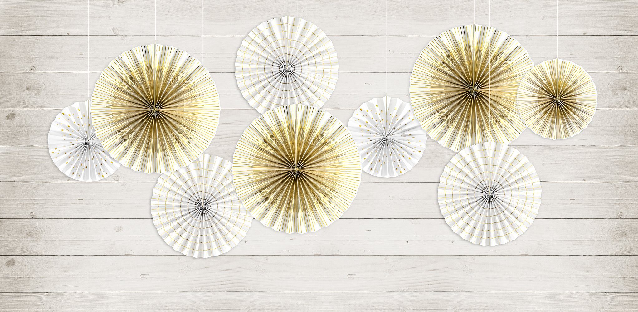 partydeco Papierrosette, Deko Papier Rosetten mit Muster 23-40cm weiß gold 4er Set