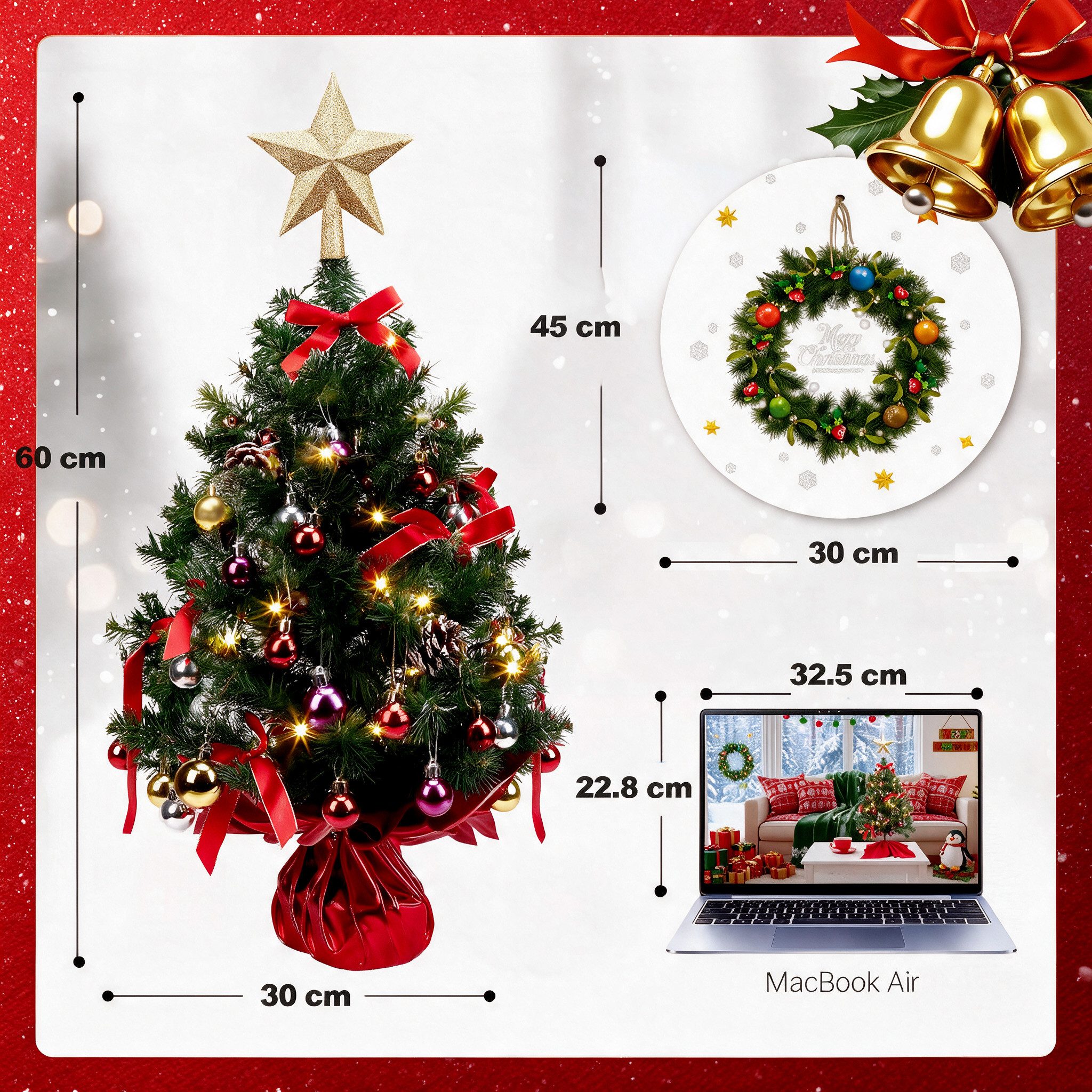 WOWDSGN Künstlicher Weihnachtsbaum 60cm mit Beleuchtung mit 50 LED Warmweiß 8 Modi mit 20 Kugeln & Sockel, Künstlicher Weihnachtsbaum, Kleiner Tisch Weihnachtsb – Bild 2 von 5