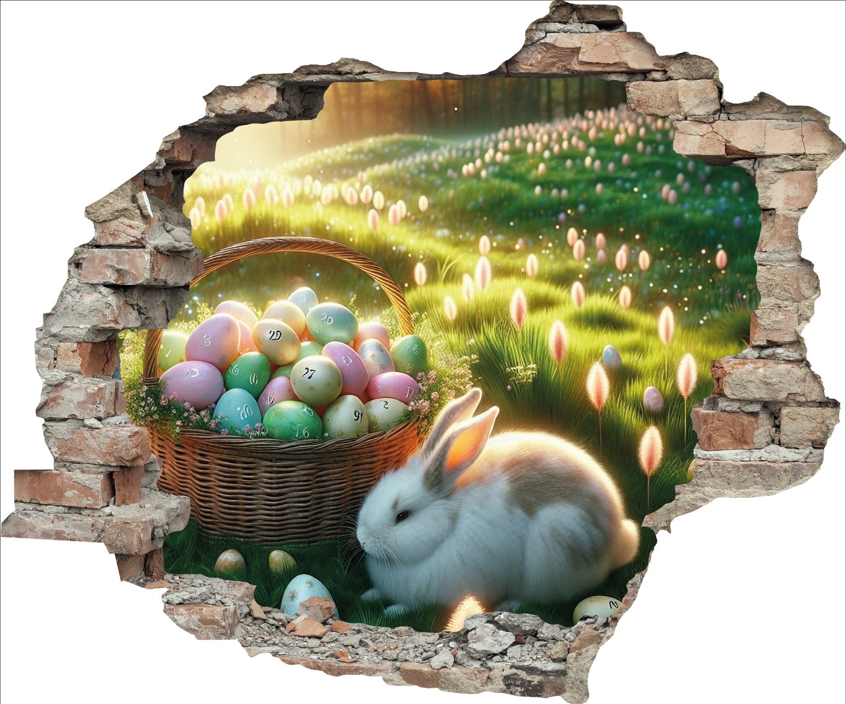 queence 3D-Wandtattoo Osterhase und Osterkorb (1 St), Selbstklebender Wandsticker Ostern Wanddurchbruch 60x50cm
