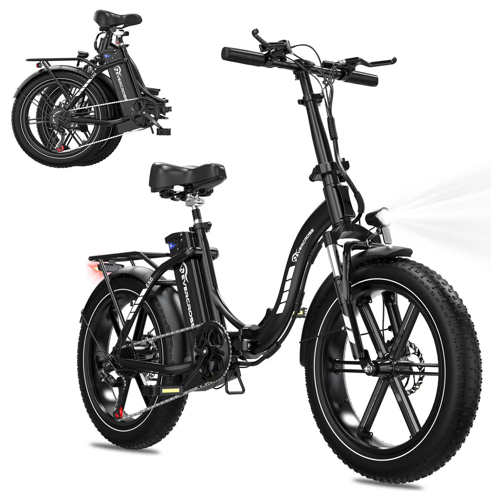EVERCROSS TECH E-Bike EK6 Faltbares Elektrofahrrad mit 7 Gang Getriebe, 48V 13AH Akku, 7 Gang, Heckmotor, Kettenschaltung, 250W Motor Elektrofahrräder für Damen und Herren