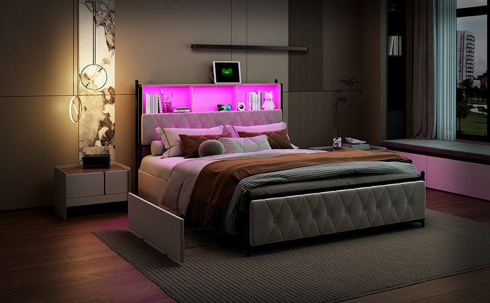 Gdood Polsterbett Stauraumbett Doppelbett LED (1 tlg, Mit Vier extra große günstig online kaufen