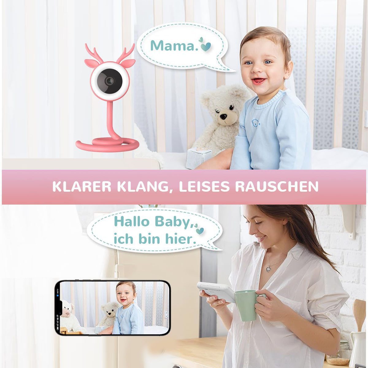 AURIVION Video-Babyphone HD WLAN Babyphone 4MP Kamera mit Standfuß & Nachtsicht, Set, 1-tlg., Video Babyphone mit Schlaflied und Schreierkennung, Babymonitor mit Temperatur, Luftfeuchtigkeit & Gegensprechen