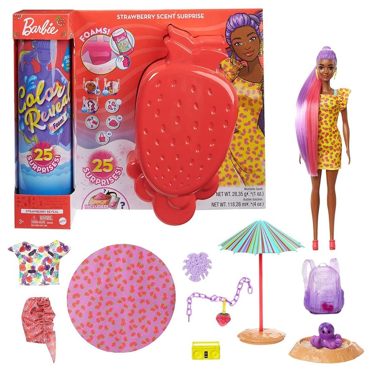 Erdbeer Reveal Barbie Anziehpuppe Mattel mit - Mattel® 25 Schaum-Spaß - - Color Überraschungen, Puppe GTN18