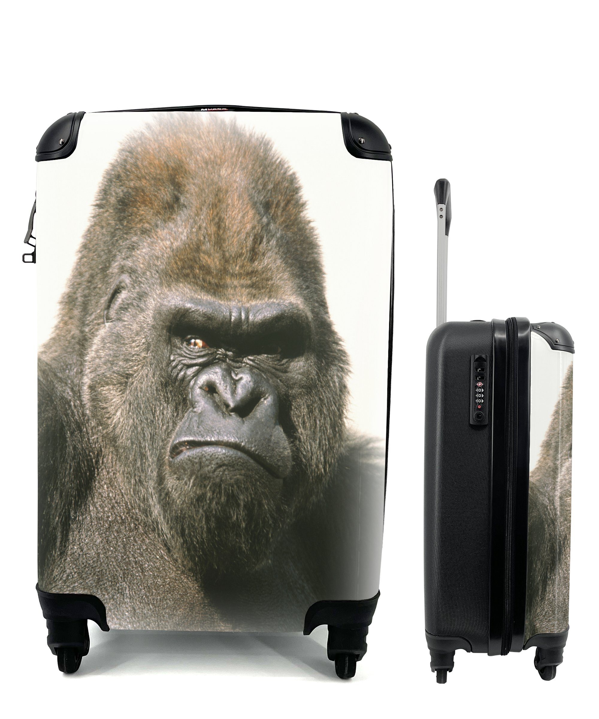 MuchoWow Handgepäckkoffer Sonnenstrahlen leuchten in den Augen des Gorillas, 4 Rollen, Reisetasche mit rollen, Handgepäck für Ferien, Trolley, Reisekoffer