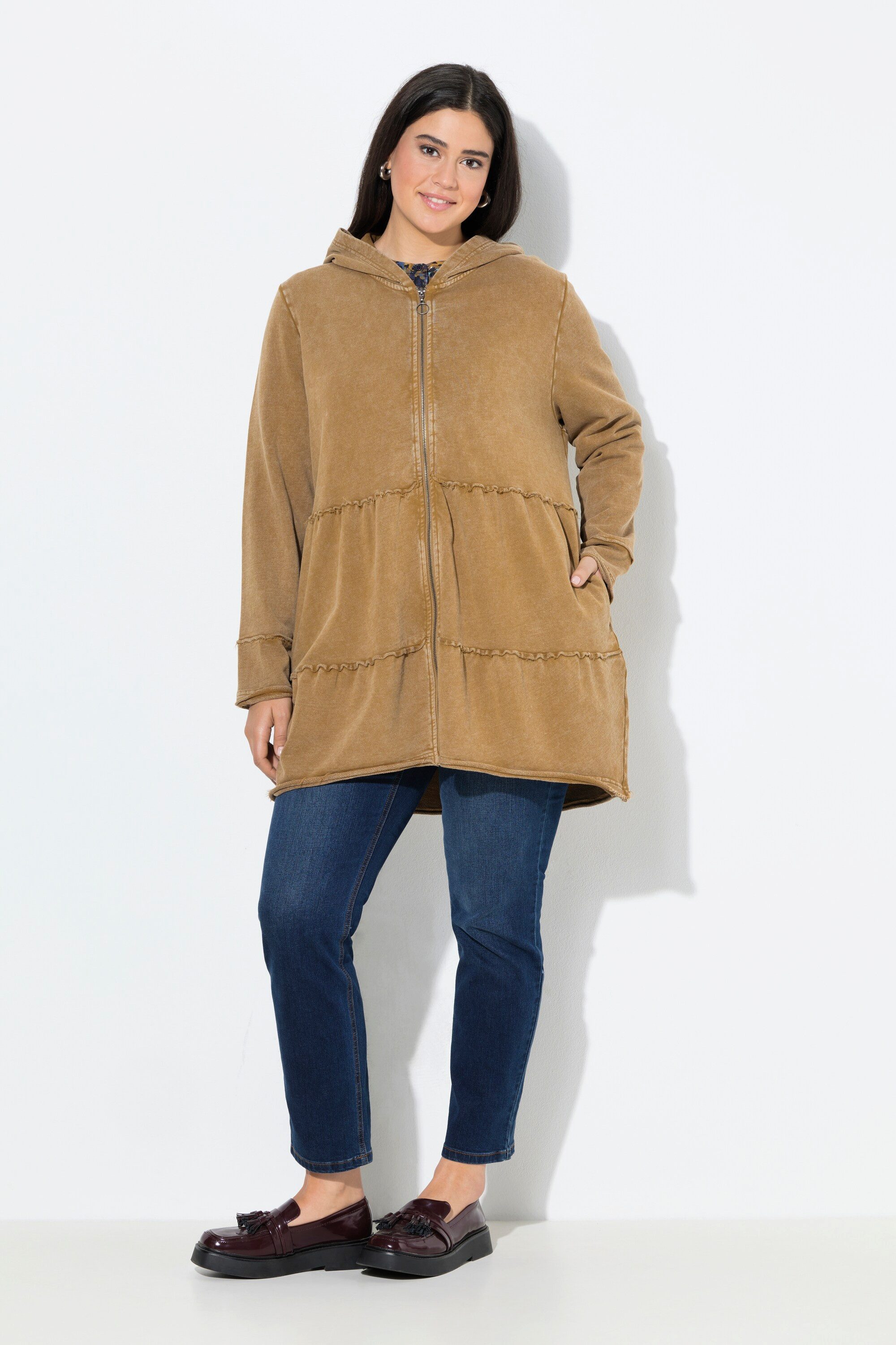Ulla Popken Sweatjacke Long-Hoodiejacke Vintage-Look A-Linie Kapuze günstig online kaufen