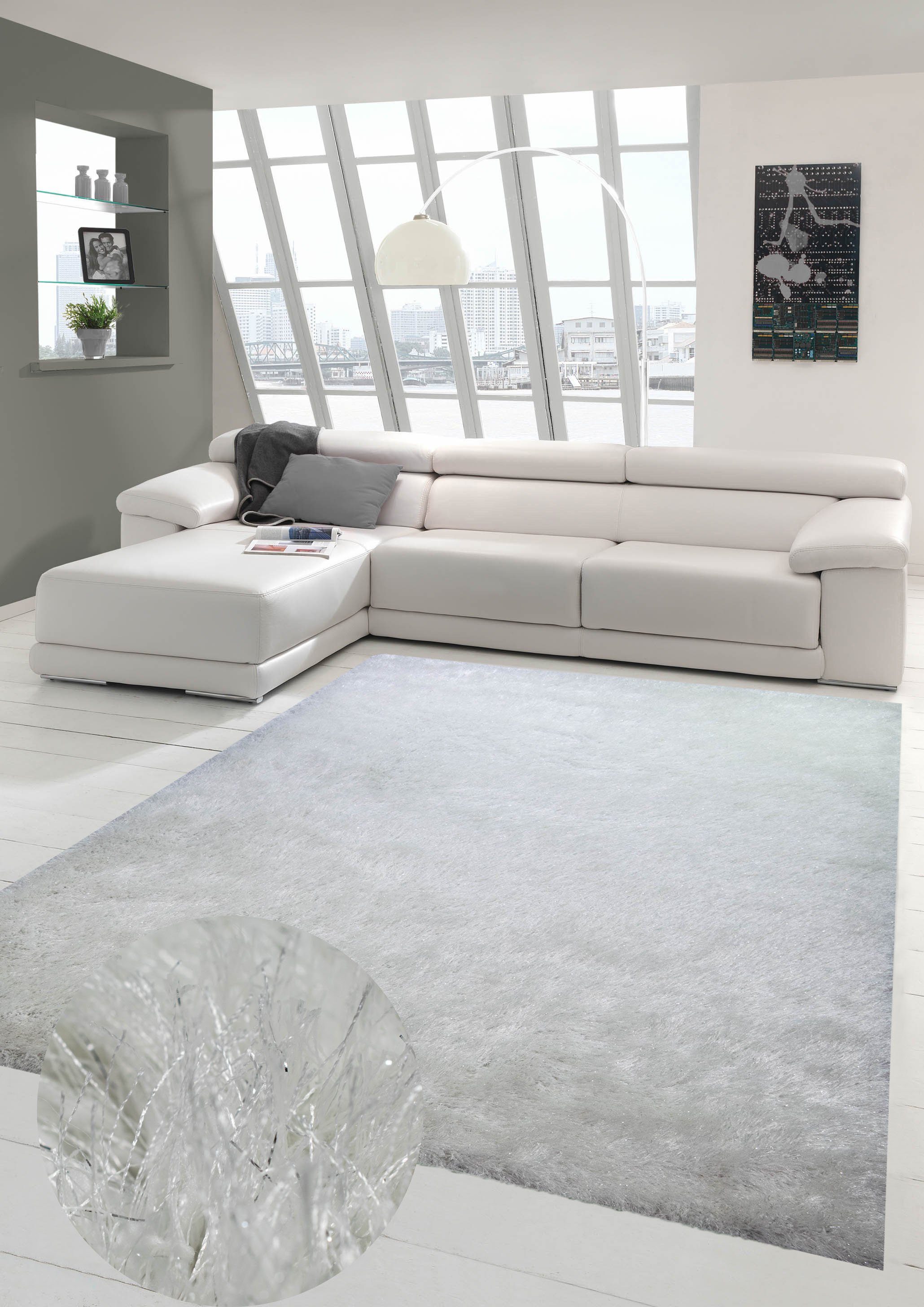 Hochflor-Teppich Shaggy Teppich Hochflor Wohnzimmerteppich Glitzer in Weiß,  Teppich-Traum, rechteckig, Höhe: 70 mm