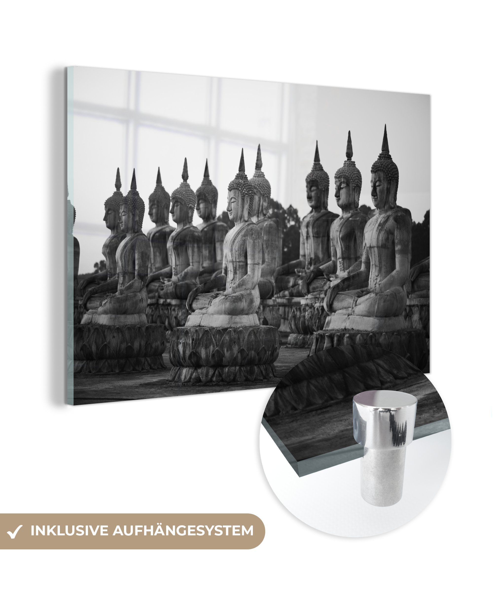 MuchoWow Acrylglasbild Schwarz-Weiß-Foto von Buddhas, (1 St), Acrylglasbilder Wohnzimmer & Schlafzimmer