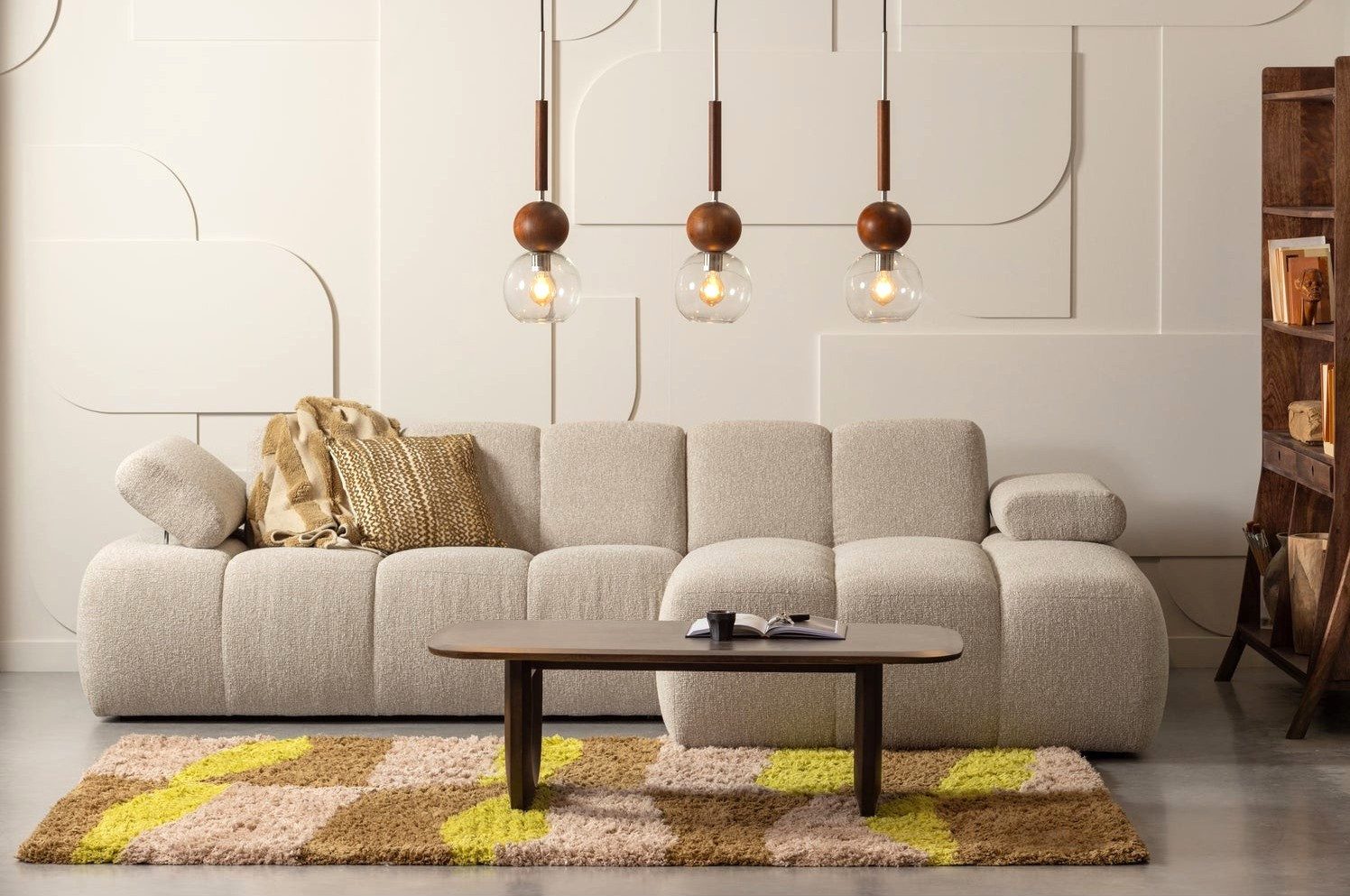 LEVEN Lifestyle Loungesofa Ecksofa LOJO Sofa mit Recamiere links oder rechts Boucle Stoff beige, mit verstellbaren Armlehnen - frei im Raum stellbar