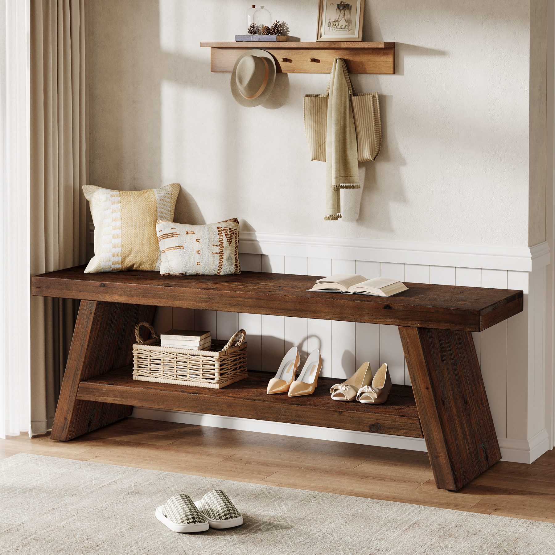 Tribesigns Schuhbank 2-stöckige Eingangsbank, 120 cm Sitzbank, Aufbewahrungsbank aus Holz (im Landhausstil für den Innenbereich, Wohnzimmer, Esszimmer, Schlafzimmer)