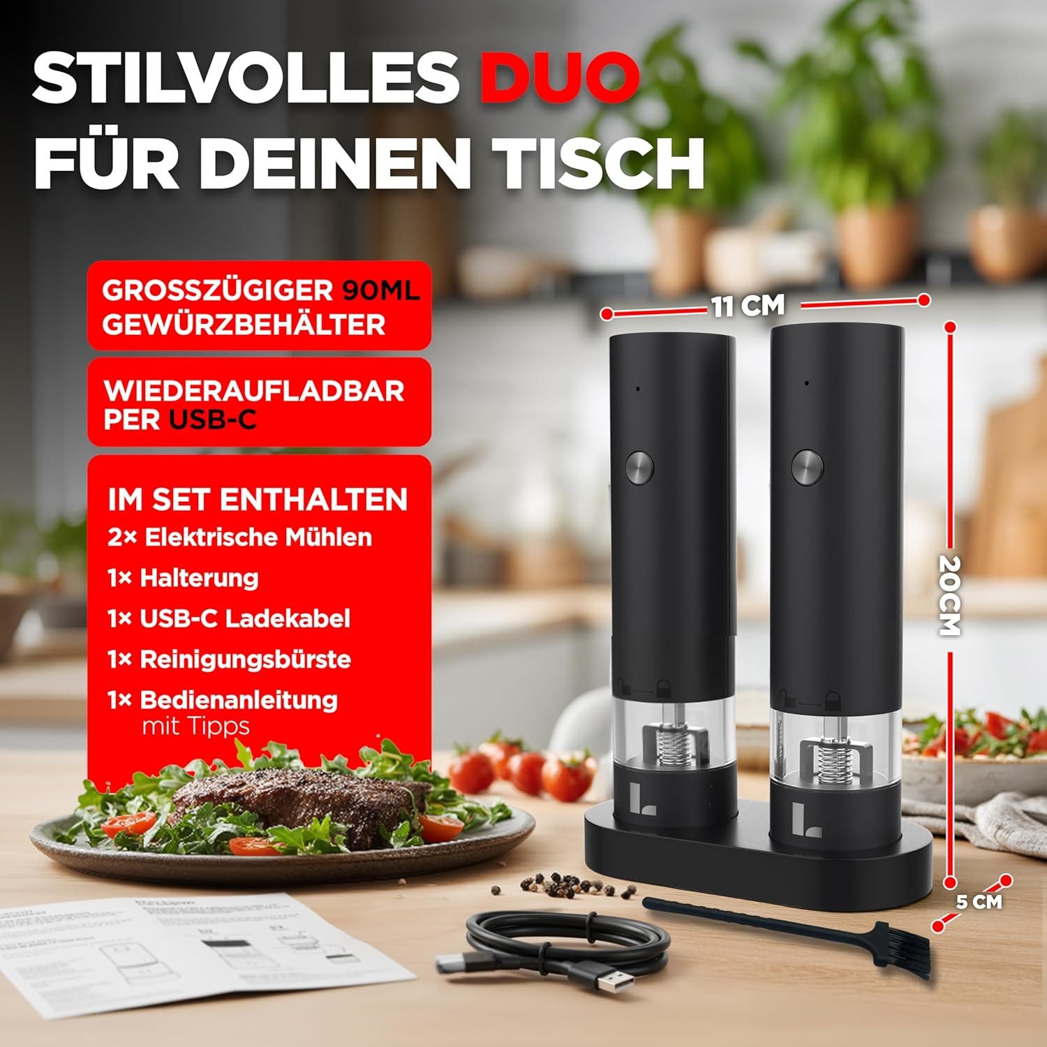 LUNARIA Salz-/Pfeffermühle Digitale Küchenwaage 15 kg – Präzise Lebensmittelwaage LCD Akku – Bild 2 von 5
