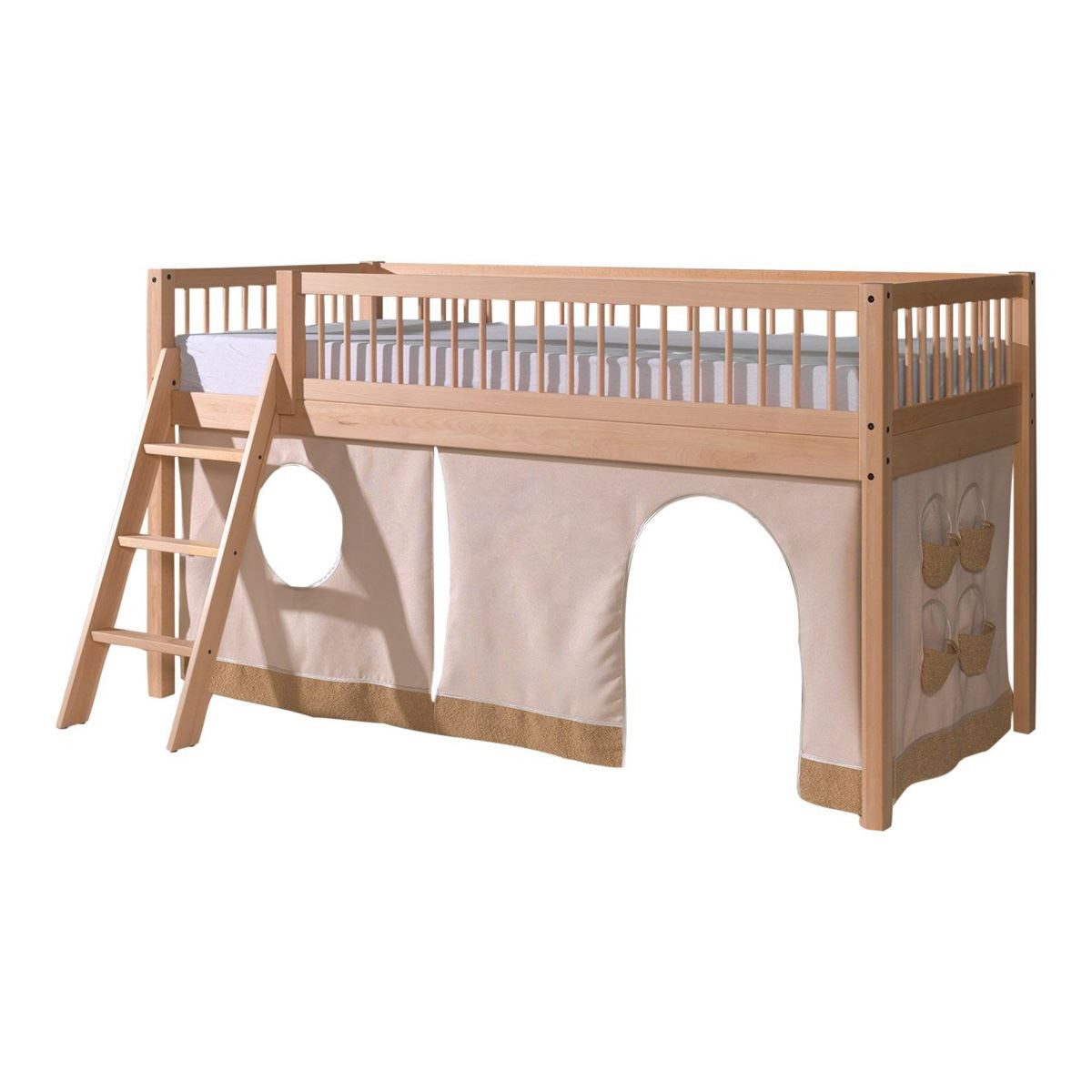 58 aufm Kessel Kinderbett Halbhohes Bett Kelci 90x200 Leiter + Textilset Buche Massivholz natur (inkl. Versand, Lieferung bis Verwendungsstelle), Spielbett mit integriertem Stoffzelt für mehr Abenteuer