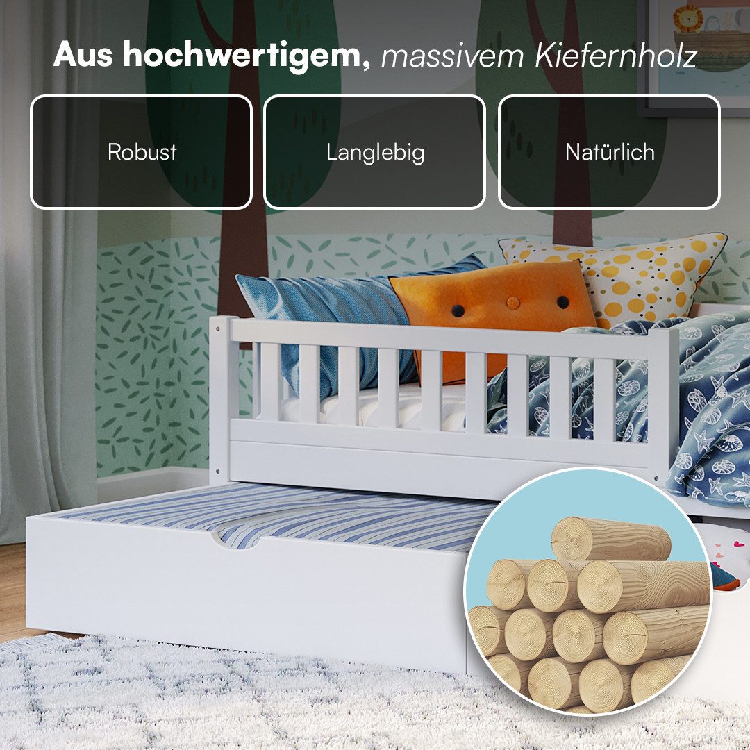 Bellabino Kinderbett Vils mit Lattenrost und Rausfallschutz 90x200 cm (weiß, mit großer Schublade, optional mit Matratze), aus Kiefer Massivholz