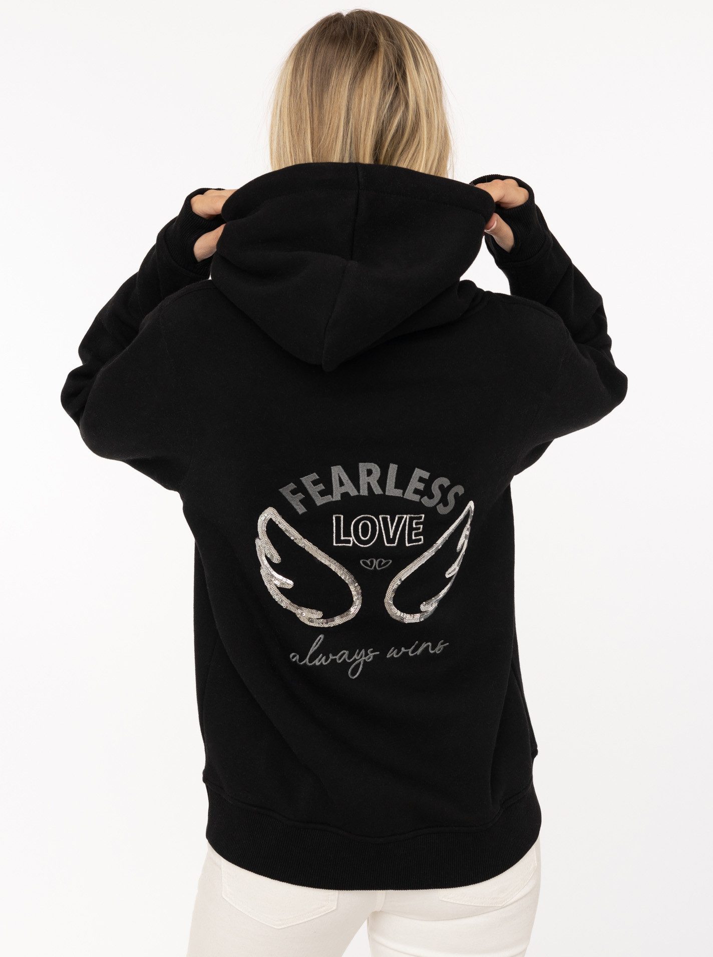 Zwillingsherz Hoodie "Wings" glamouröse Stickerei mit Flügeln, Pailletten, glänzende Kordel