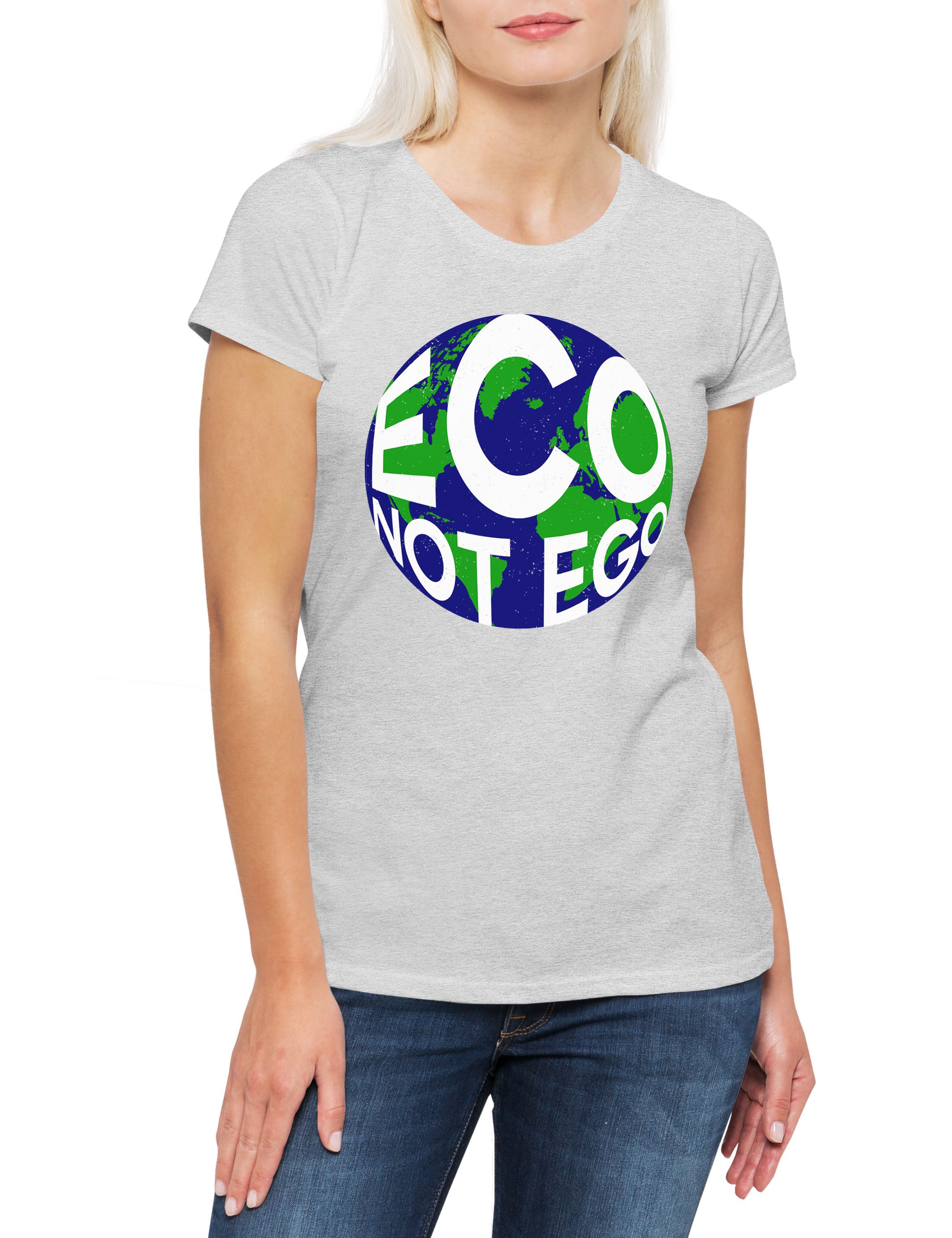 Print-Shirt Eco Not Ego Damen T-Shirt Erderwärmung Naturschutz Öko Vegan Save