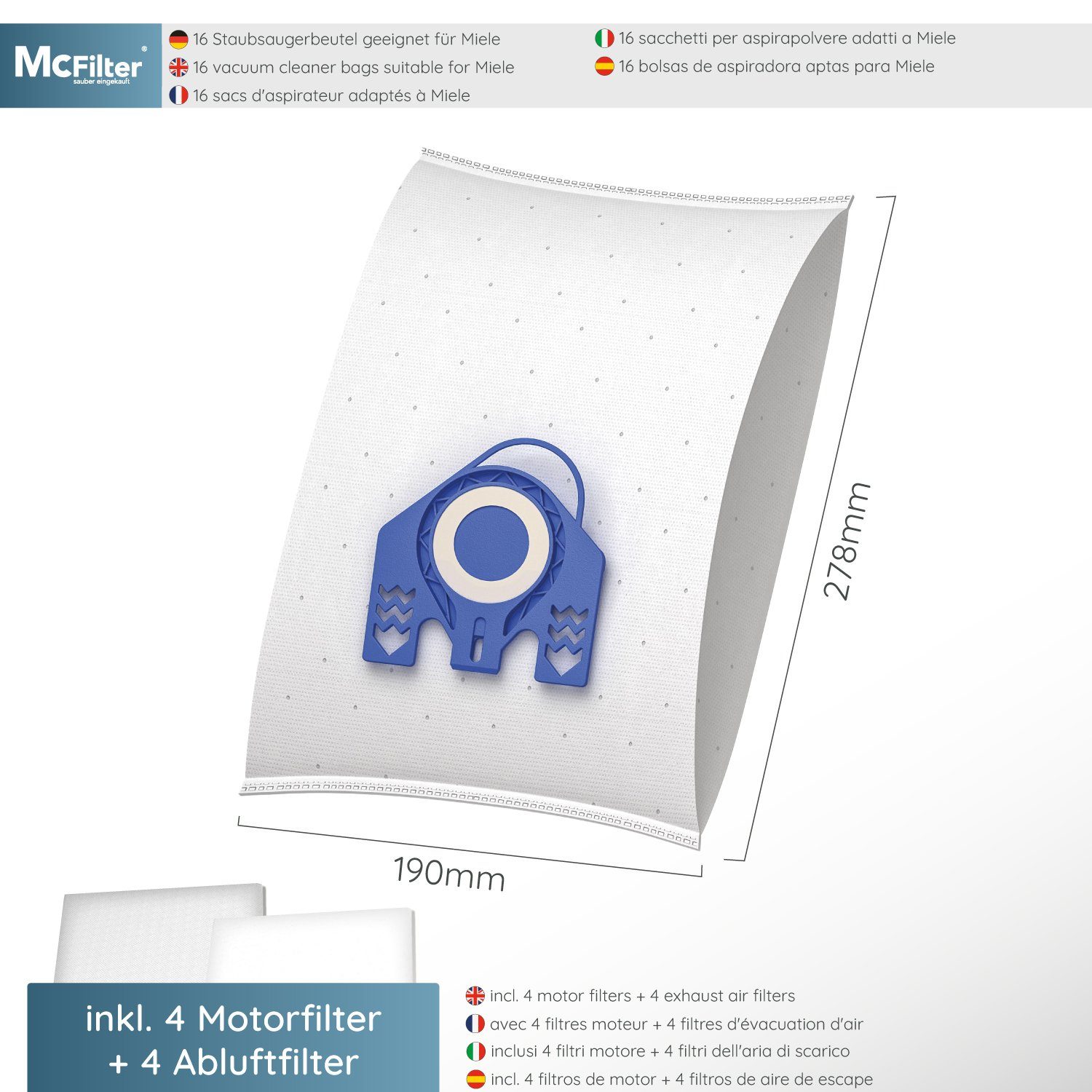 McFilter Staubsaugerbeutel (16+8), Miele >MAXI C1 Top BOX< St., Classic passend zu für 16 8 10408410 Serie Miele wie Alternative Ecoline Staubsauger, 9917730, inkl. Filter