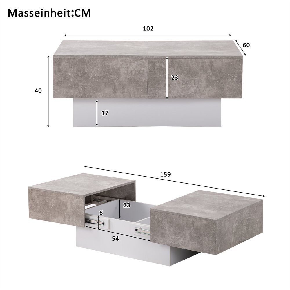 102-159x60x40cm Couchtisch,Wohnzimmertisch,Tische Tisch Fangqi grau ausziehbarem mit und Stauraum, Beistelltisch