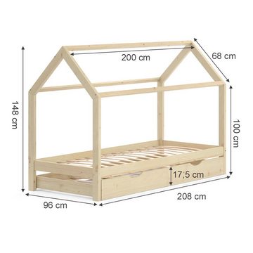 VitaliSpa® Kinderbett Hausbett Gästebett 90x200cm WIKI Natur Schublade