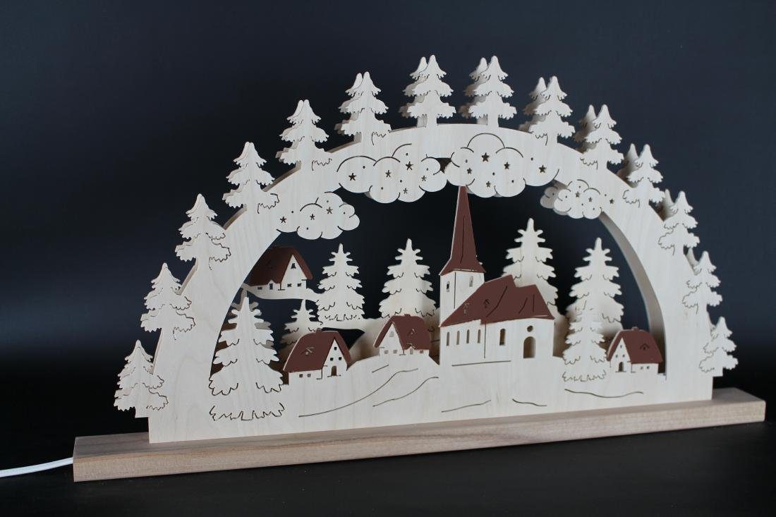 Lichterbogen Schwibbogen mit Kirche Dorf und Beleuchtung BxHxT 60x33x6cm NEU