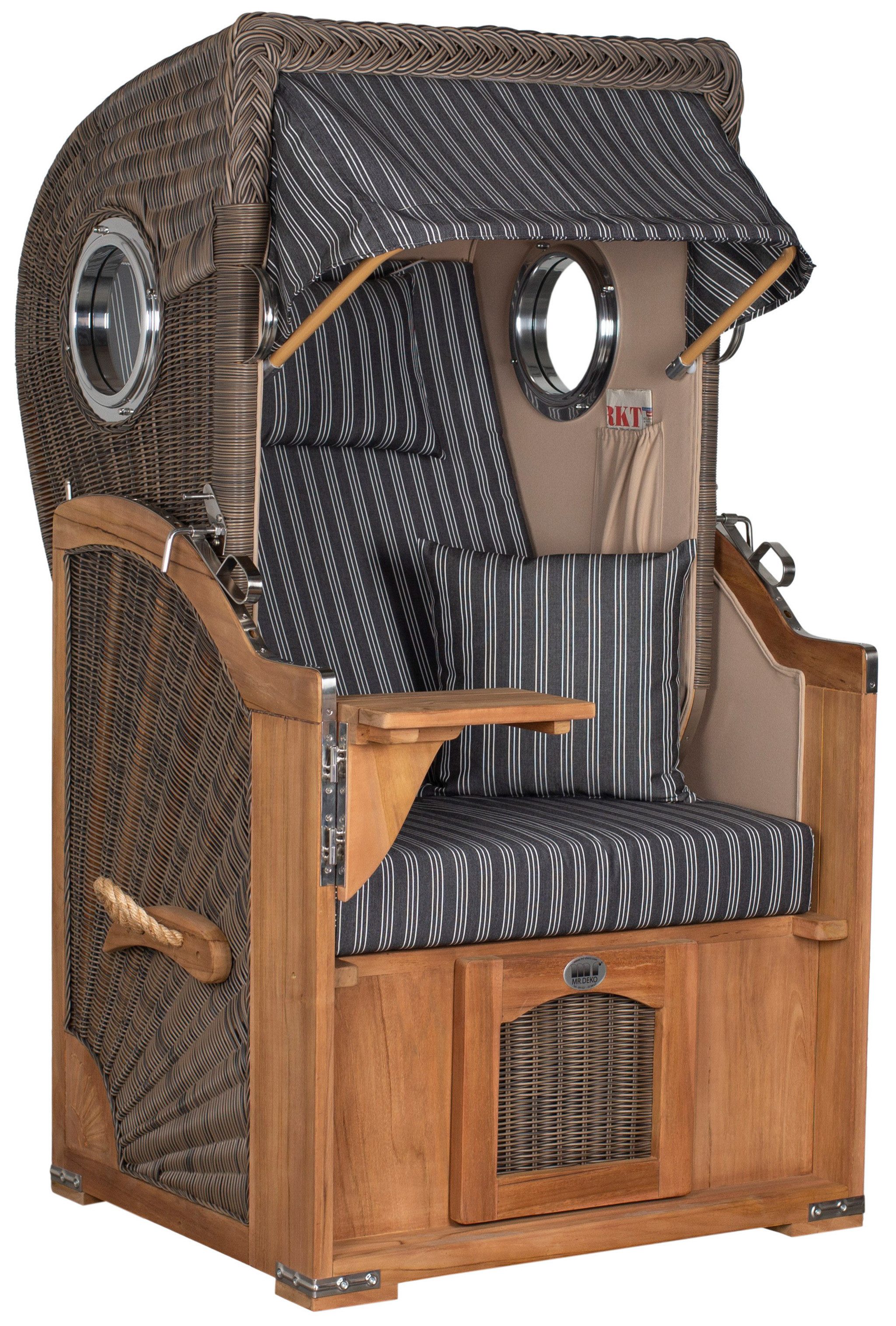 MR.DEKO Strandkorb Düne Single 1-Sitzer Bullauge Teak PE-Geflecht Grey 96x165x80, BxTxH: 96x80x165 cm, Vollieger, Düne Single, (Fertig montierter Strandkorb für Garten, Terrasse & Balkon, 1-tlg), Wetterfester Volllieger mit Edelstahlbeschlägen & waschbaren Polstern
