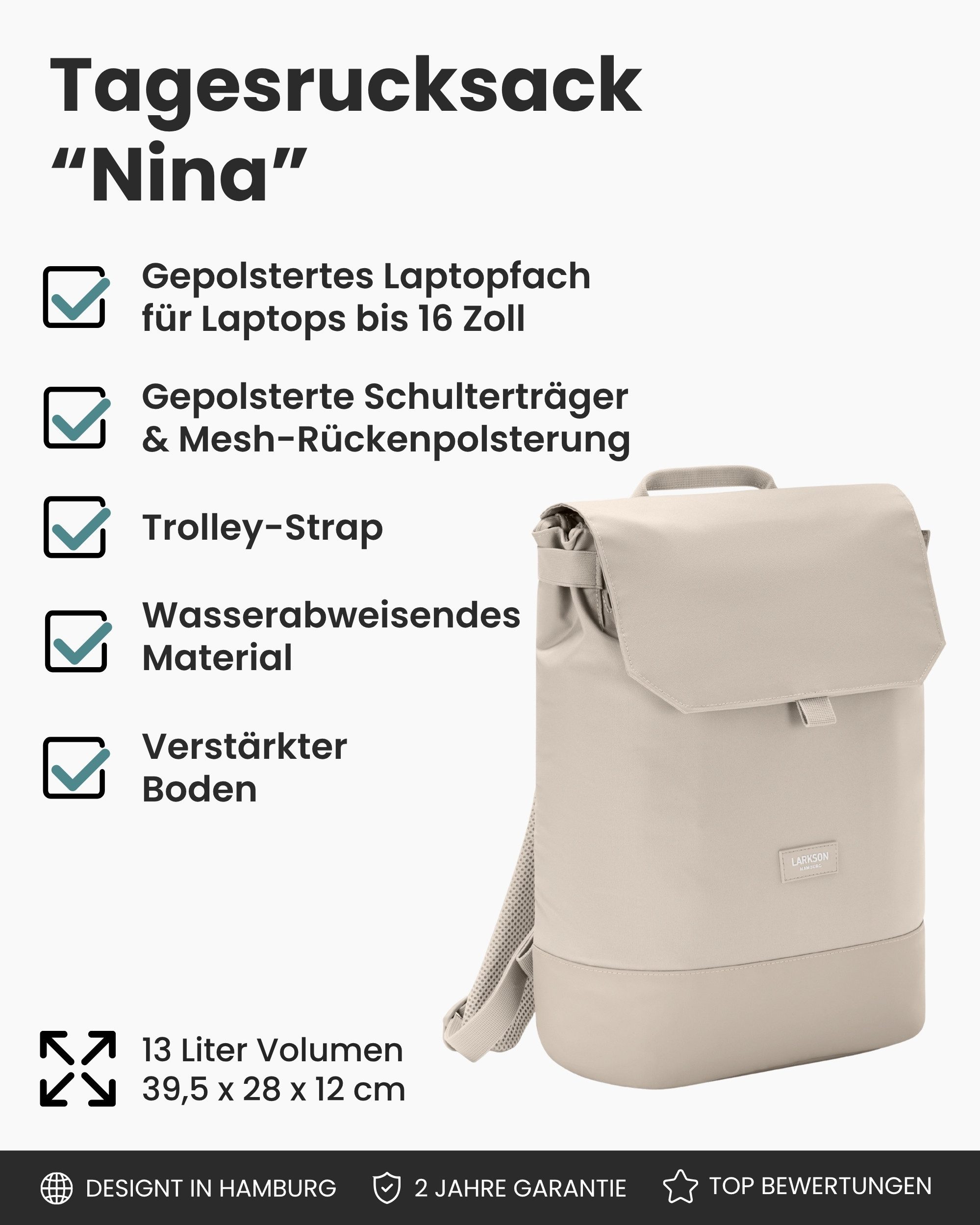 LARKSON Cityrucksack Nina Tagesrucksack für Damen (1-tlg), Damenrucksack mit 16 Zoll Laptopfach, Wasserabweisend