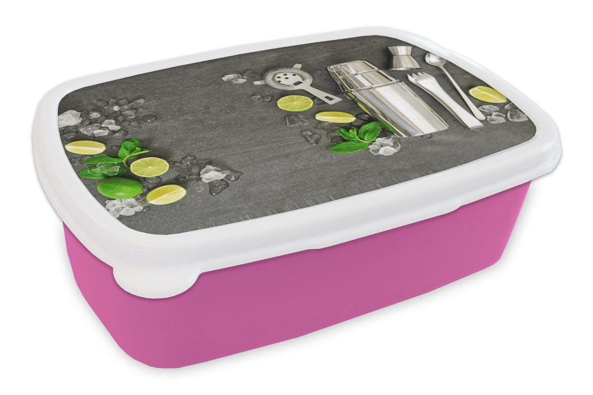 MuchoWow Lunchbox Cocktailshaker - Eiswürfel - Obst, Kunststoff, (2-tlg), Brotbox für Erwachsene, Brotdose Kinder, Snackbox, Mädchen, Kunststoff rosa