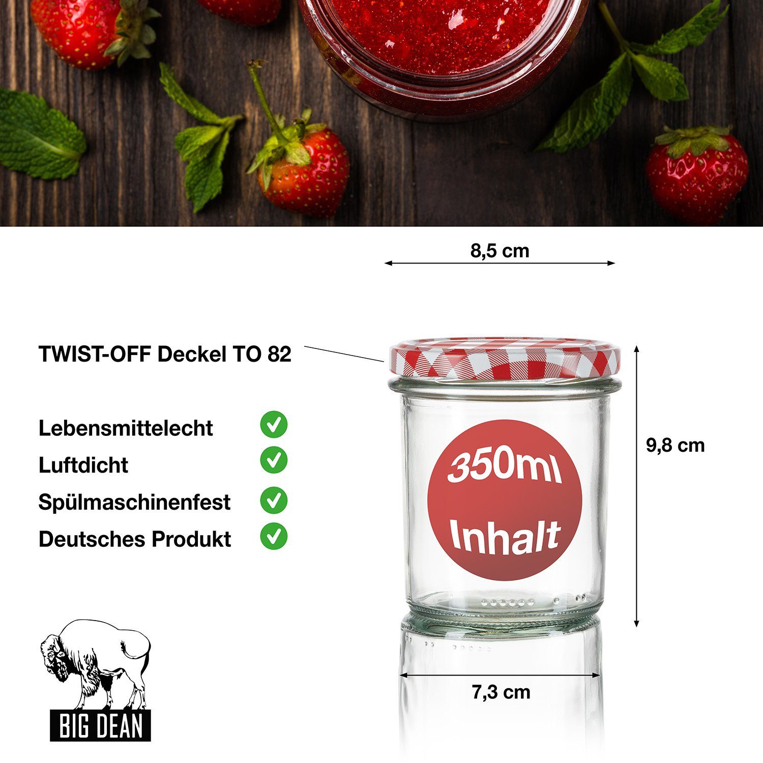 BigDean Einmachglas 350ml Sturzgläser Einkochgläser TO 82 Made in Germany, Glas, (Set, 12-tlg., Einmachgläser), Set aus 12 Gläsern + Deckel