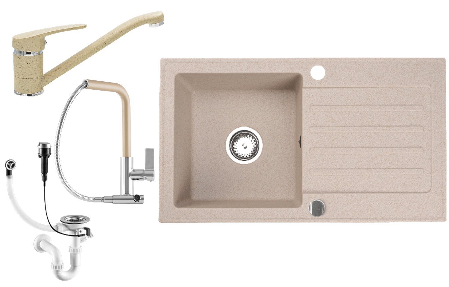 Faizee Möbel Granitspüle Granitspüle 76x44 Beige+ Armatur Küchenspüle inkl. Siphon Set, Eckig, 76/44 cm