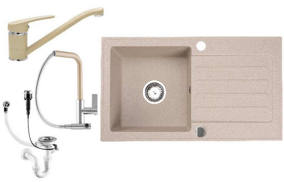 Rustam Faizee Faizee Möbel Granitspüle Granitspüle 76x44 Beige+ Armatur Küchenspüle ...