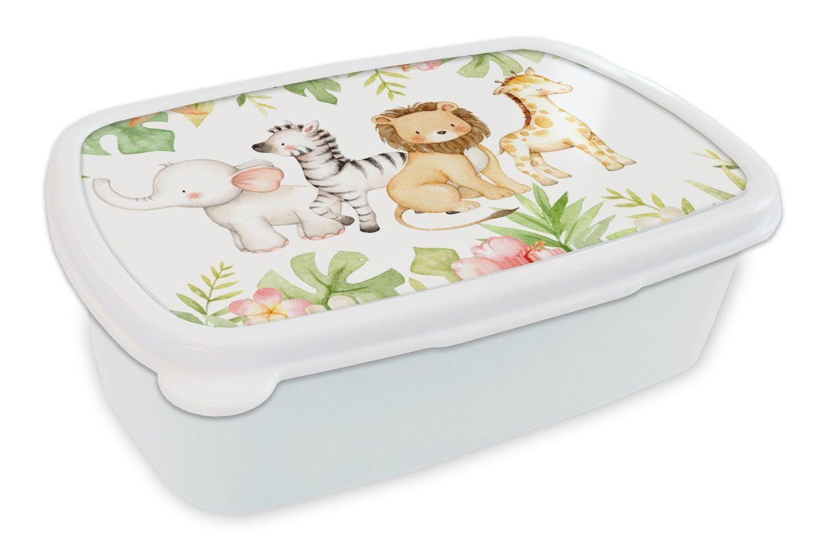 MuchoWow Lunchbox Dschungel - Tiere - Aquarellfarbe, Kunststoff, (2-tlg), Brotbox für Kinder und Erwachsene, Brotdose, für Jungs und Mädchen weiß