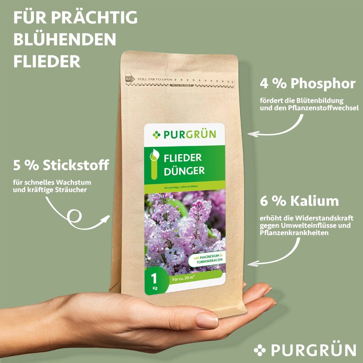 Thumbnail - Purgrün Gartendünger Purgrün Flieder Dünger, NPK 5+4+6, Magnesium für Blüten, 1 kg, Krümelgranulat, Extra Kalium für hoh...