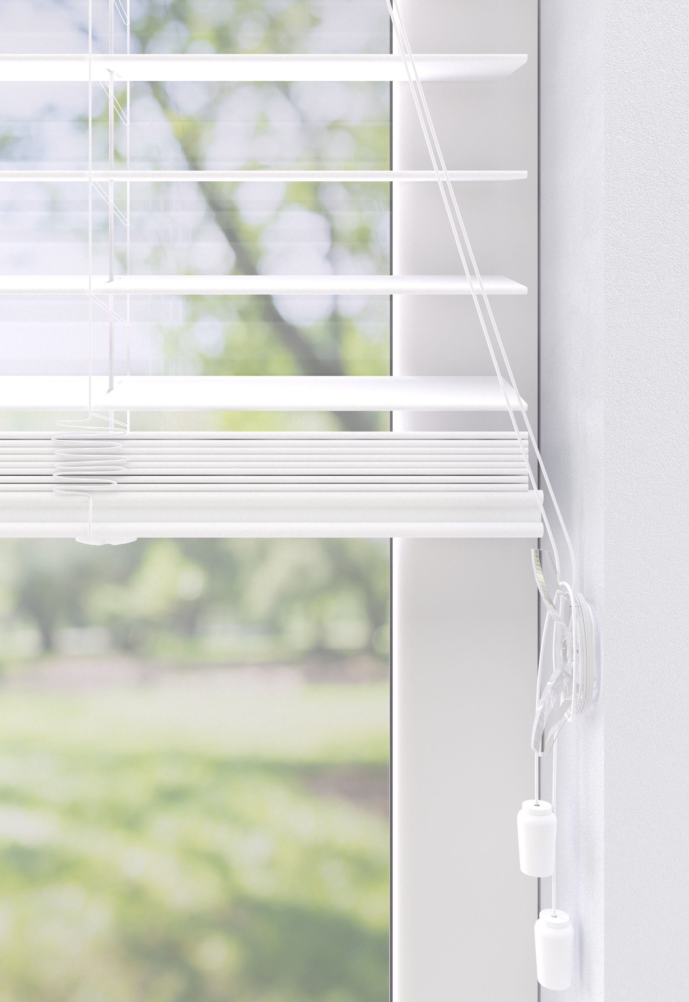 Jalousie Ariane, my durch freihängend, Holzoptik, | 50mm home, in weiß Bedienung Bohren, PVC weiß mit Schnurzug Lamellen