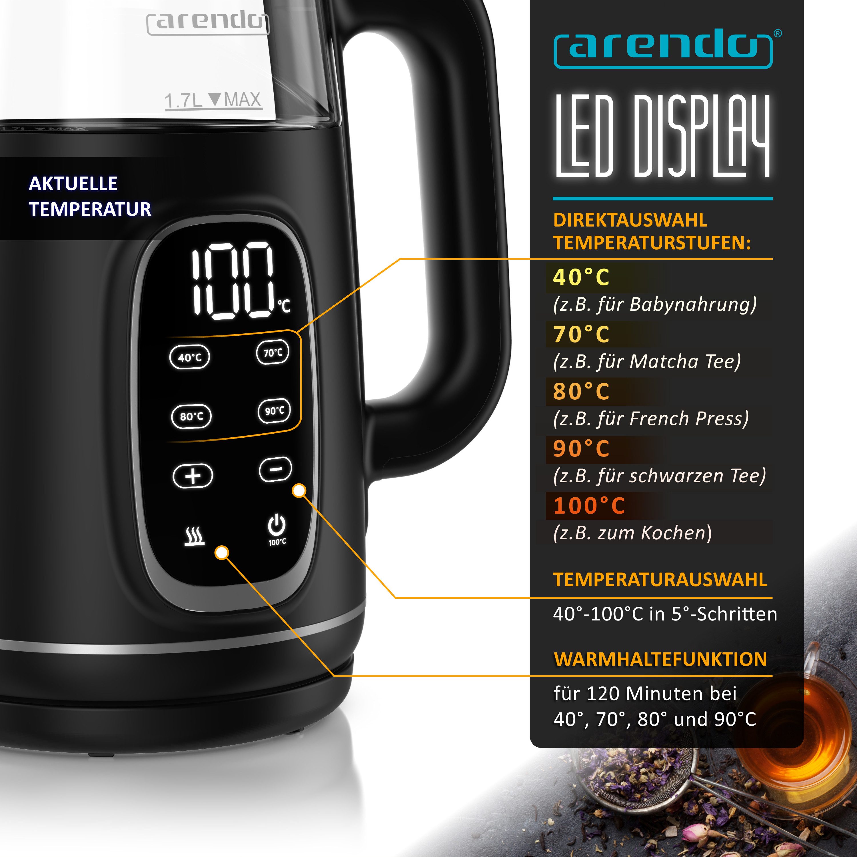 Arendo Wasserkocher Glas & Edelstahl, Temperatureinstellung 40°–100°C, Anzeige, Doppelwand, 1,7 l, 2200 W, Echtzeit‑Temperaturanzeige, 5°C‑Schritte, Warmhalten 120 min, BPA‑frei
