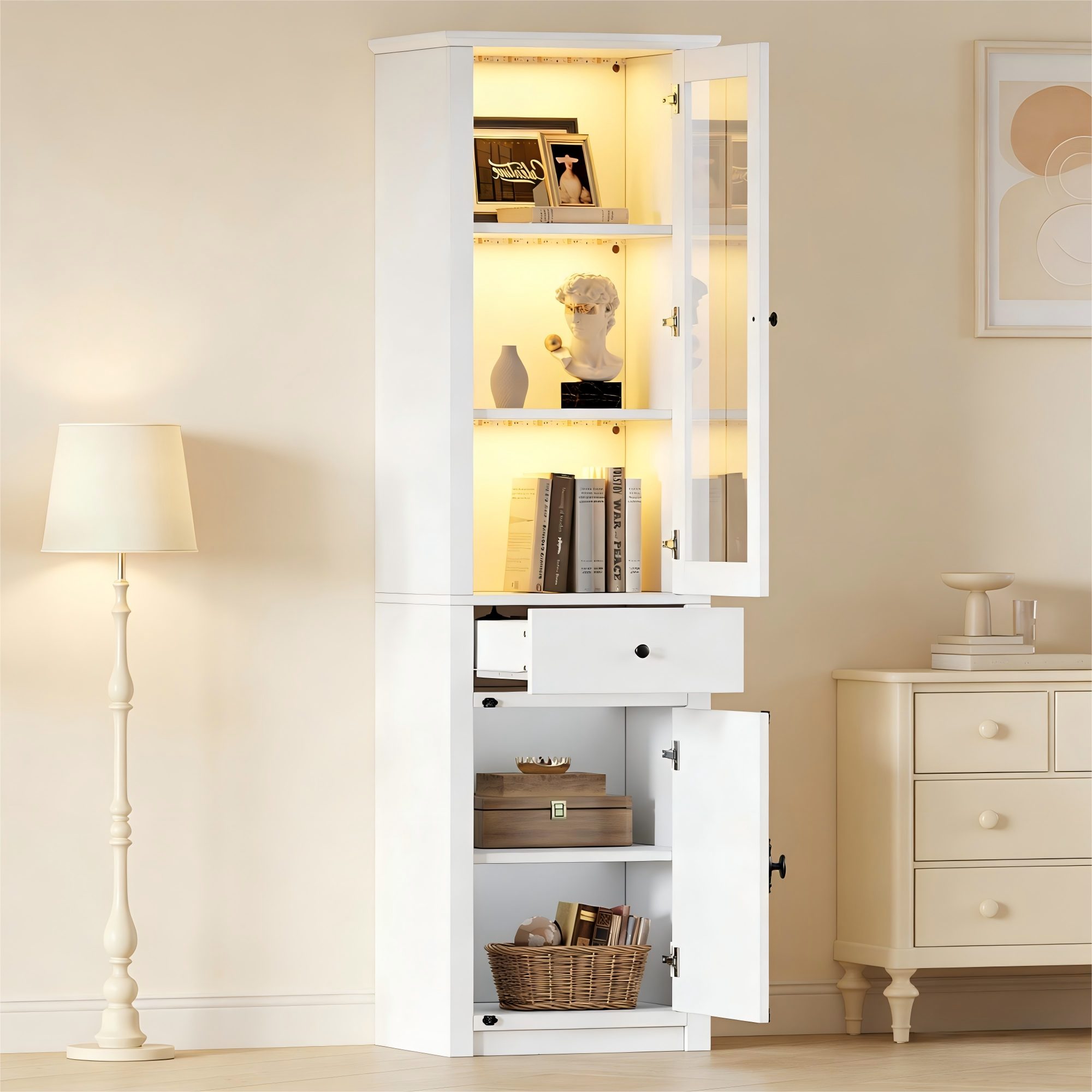 STILVORA Vitrine Standvitrine mit einer Schublade Multifunktionsschrank Highboard