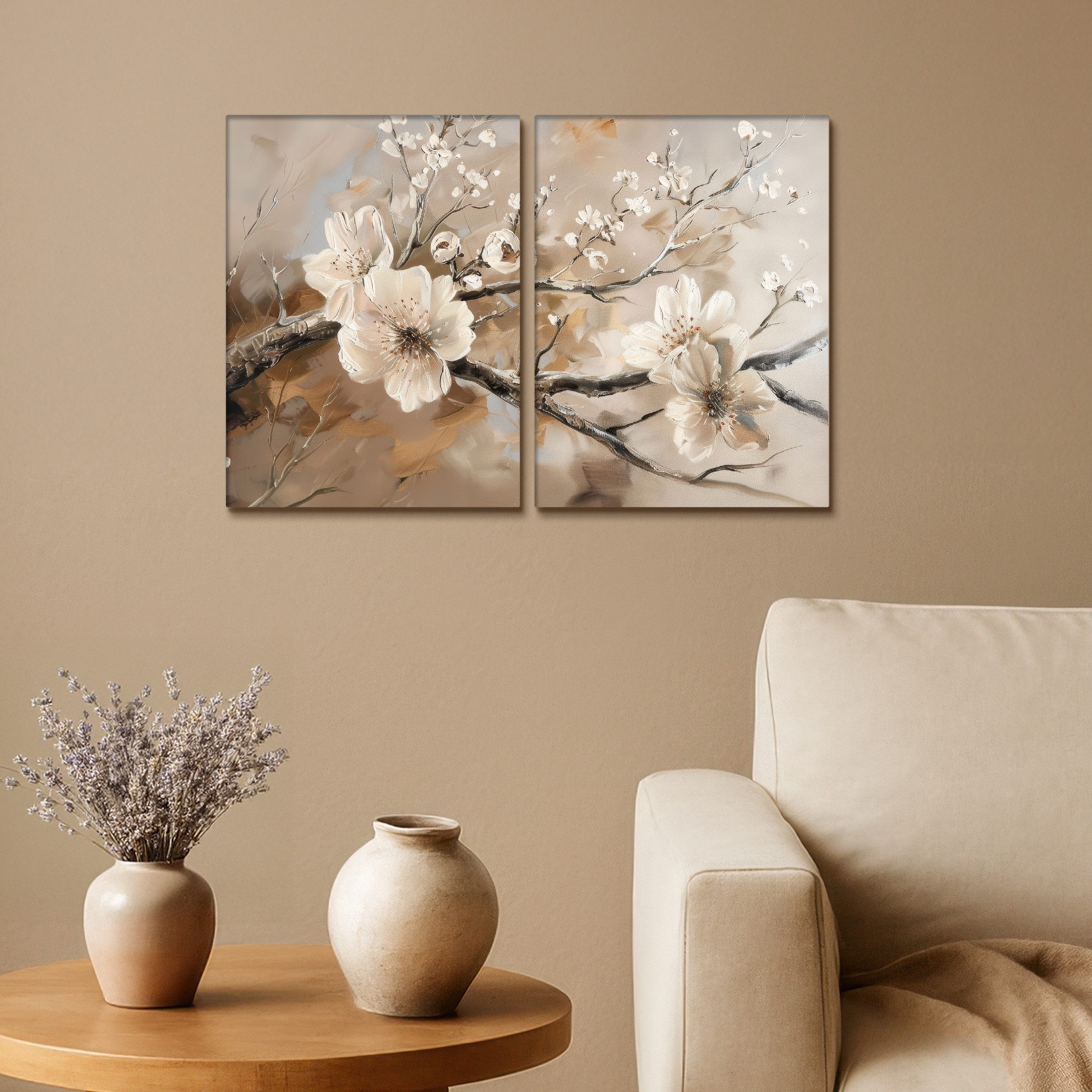 MuchoWow Leinwandbild Blüte - Beige - Abstrakt - Blumen, Fotodruck (2 St), Wand Bilder 2 Set, Deko Schlafzimmer Wohnzimmer Flur 60x40 cm