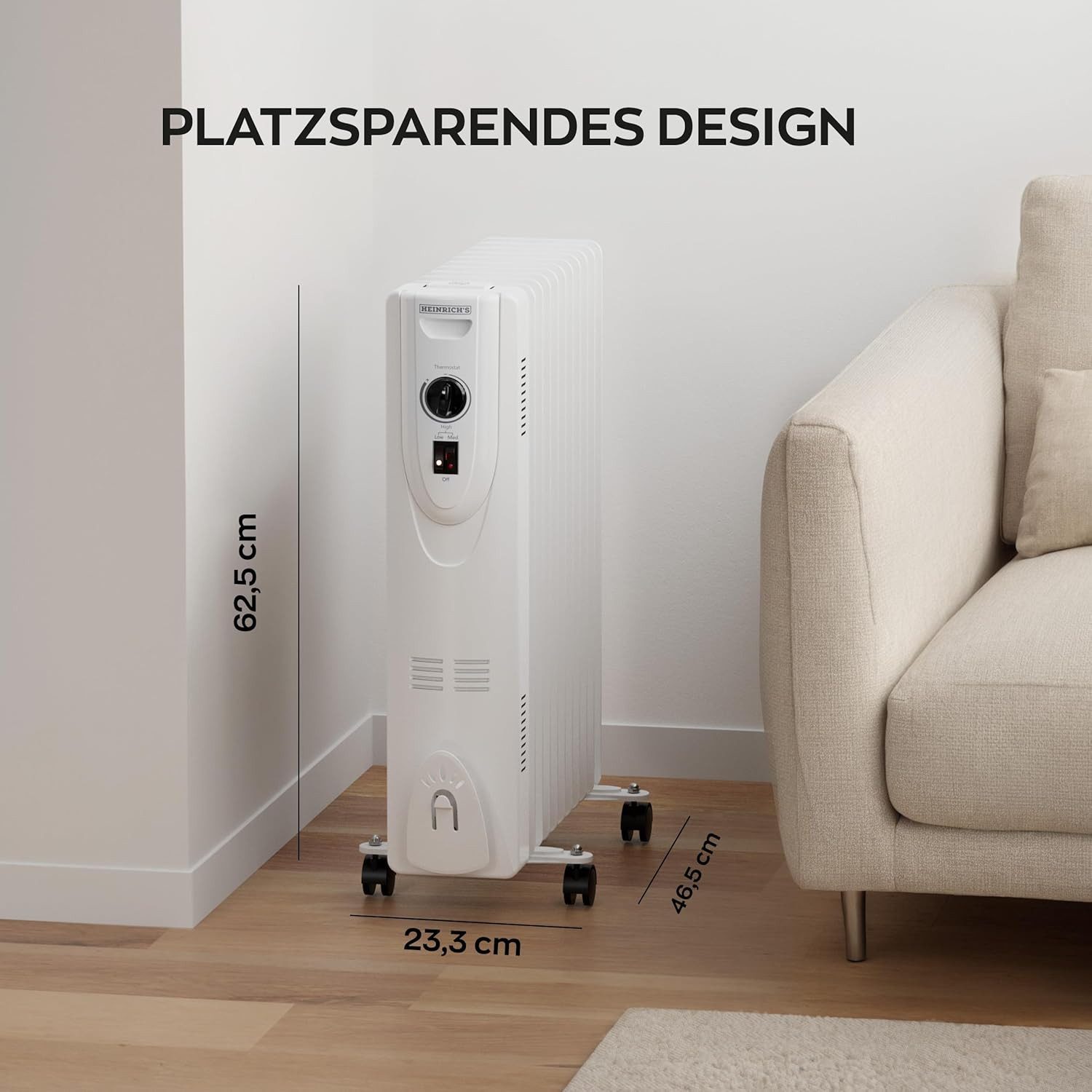 Heinrich´s Ölradiator 11 Rippen, 2500W, Elektrischer Heizkörper, 3 Heizstufen, Überhitzungsschutz, platzsparend