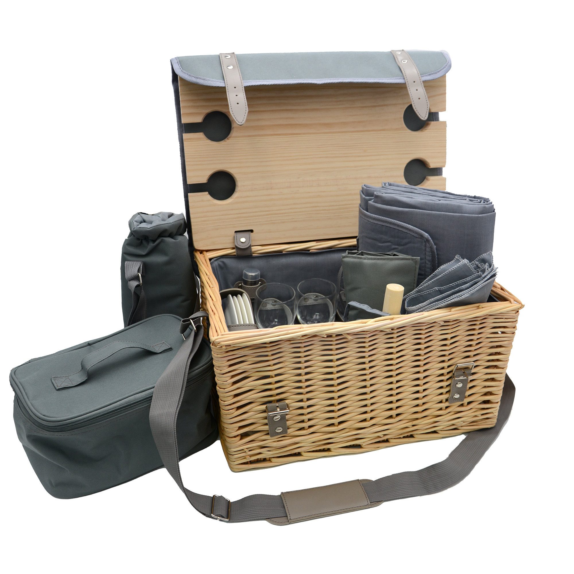 UNUS GARDEN Picknickkorb Picknickkorb 33 teilig aus Weide mit Zubehör (für 4 Personen), 4-Personen 33-teiliges Komplettset Serviertisch Picknickdecke Geschirr