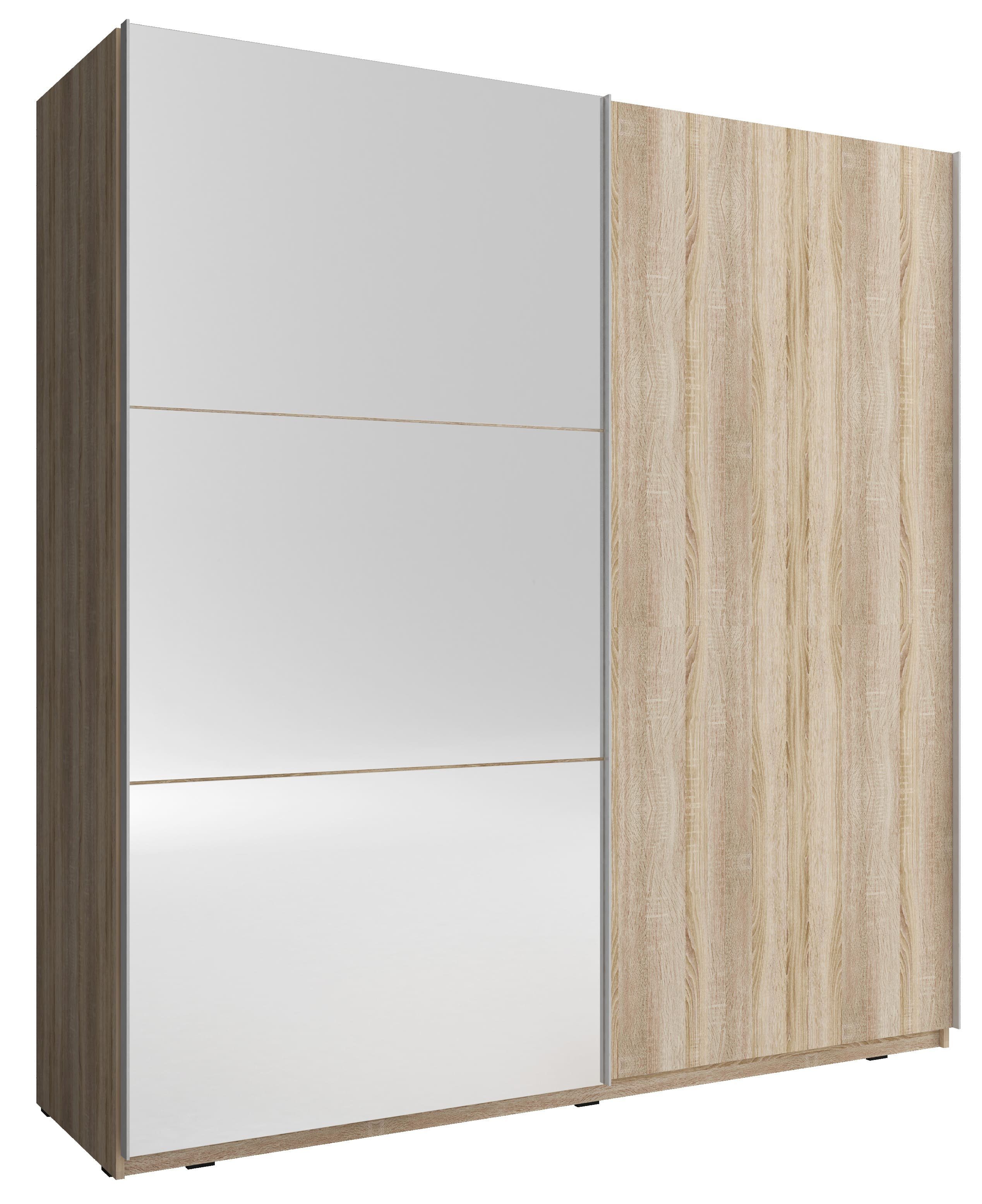 MOEBLO Kleiderschrank NELE II (Wohnzimmerschrank 2-türig Schrank Gaderobe Schiebtüren, mit Spiegel Schwebetürenschrank mit Einlegeböden und Kleiderstange) (BxHxT): 150/200x214x62 cm