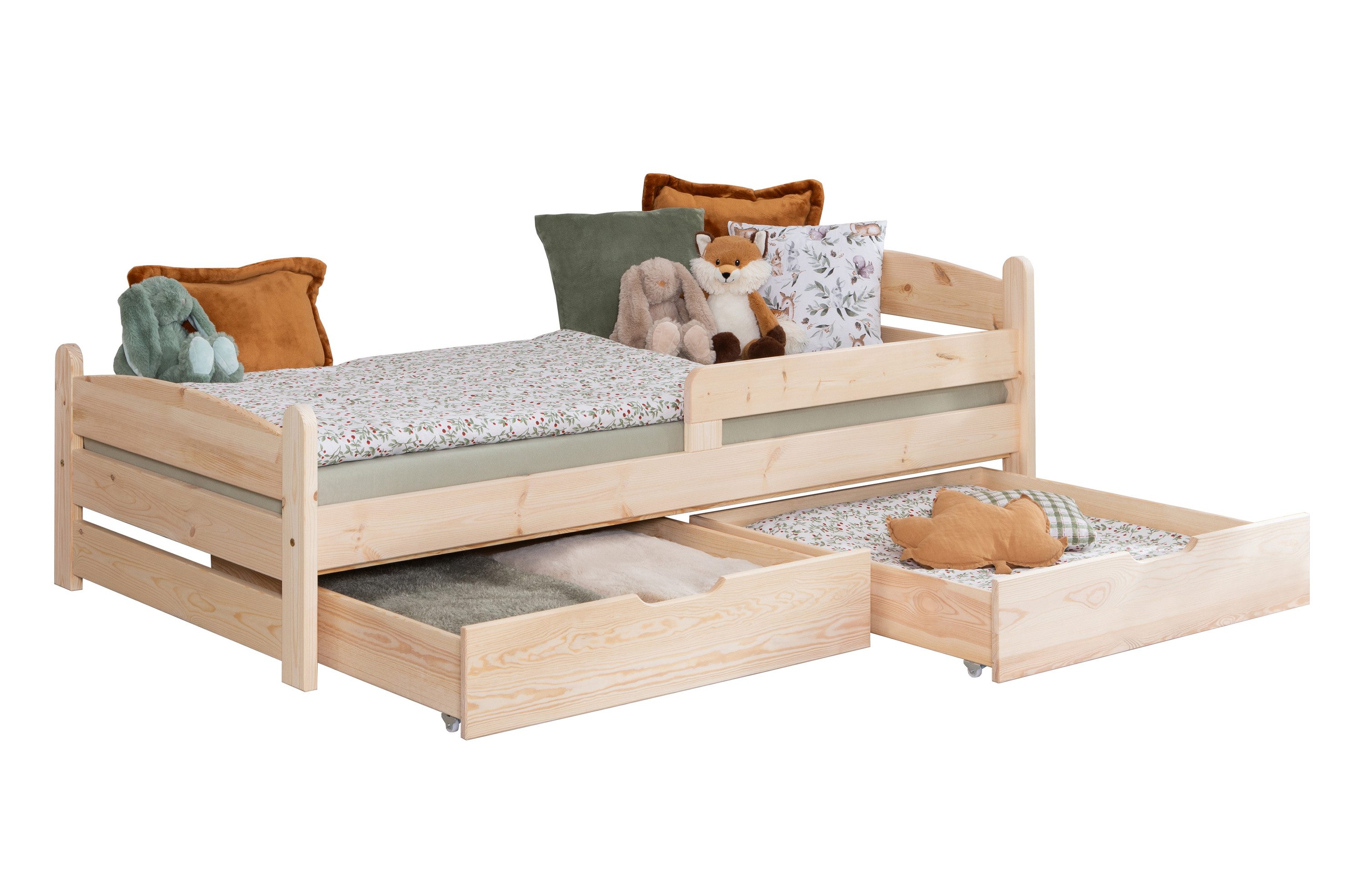 Ticaa Kinderbett Massivholzbett Mello Daybett Kinderbett Jugendbett (90x200 aus Kiefer Massivholz), inkl. Schublade, mit Rausfallschutz, Natur