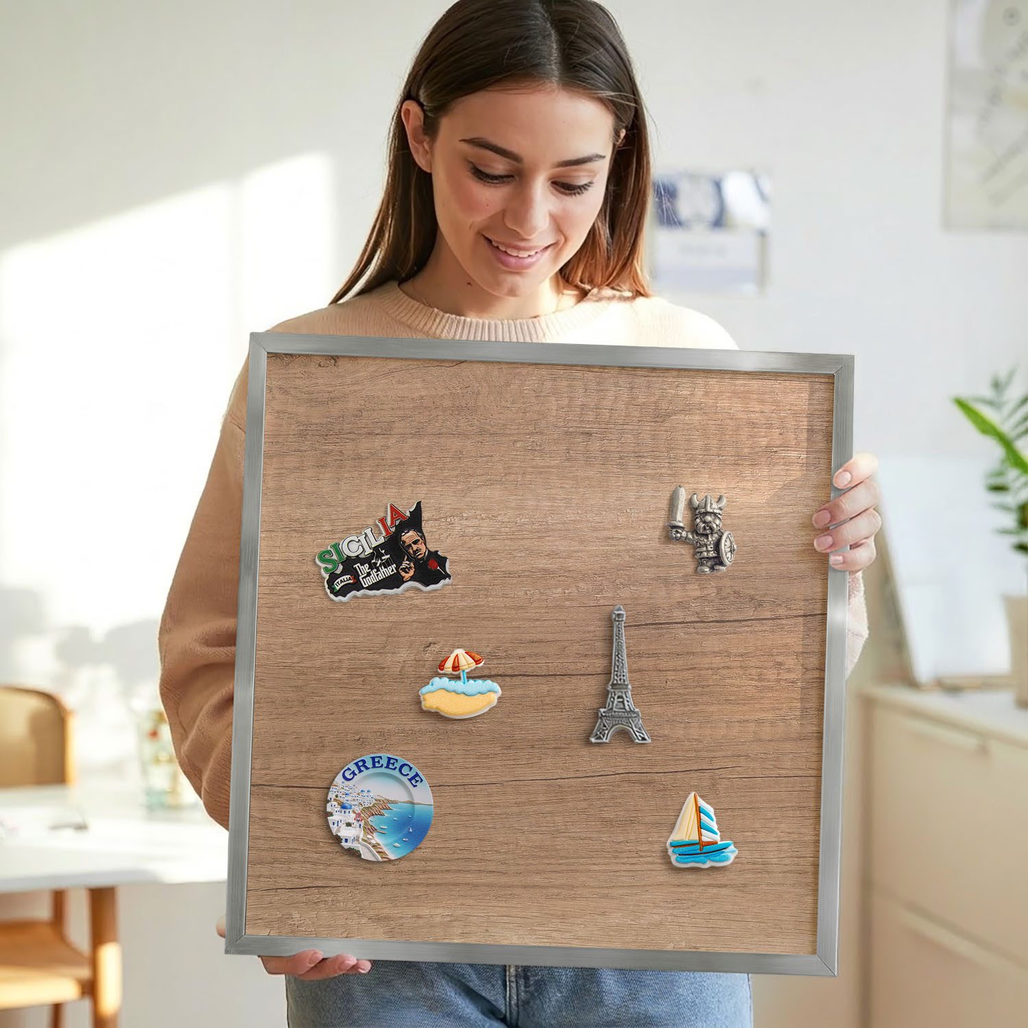 Tulup Magnettafel Magnettafel mit Rahmen für Küche Wohnzimmer und Büro, Holzstruktur, Braun
