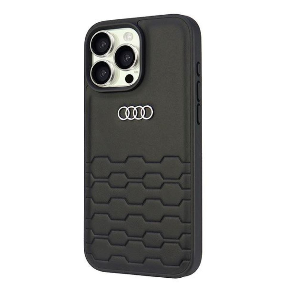 Audi Handyhülle iPhone 16 Pro Max Kunstleder schwarz Logo Metall 6,9 Zoll, Kantenschutz
