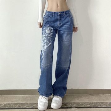 FIDDY Jeanshotpants Lockere Hose weitem Bein Jeans mit geradem Bein Distressed-Effekt