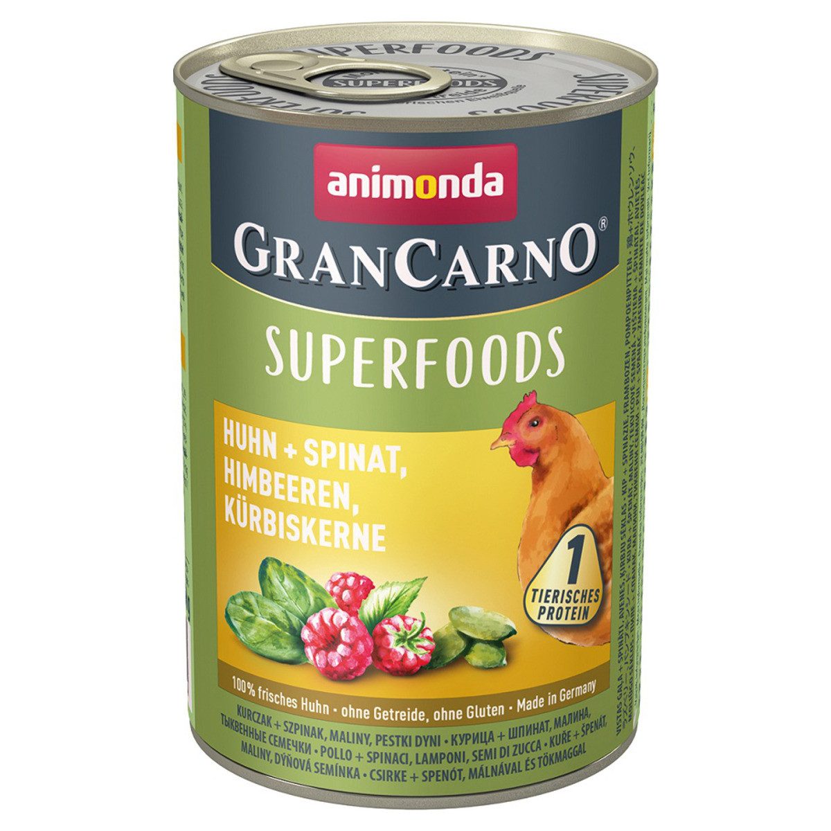 Animonda GranCarno Adult Superfood mit Huhn & Spinat 400 g - 6 Stück, Nassfutter für: Hund
