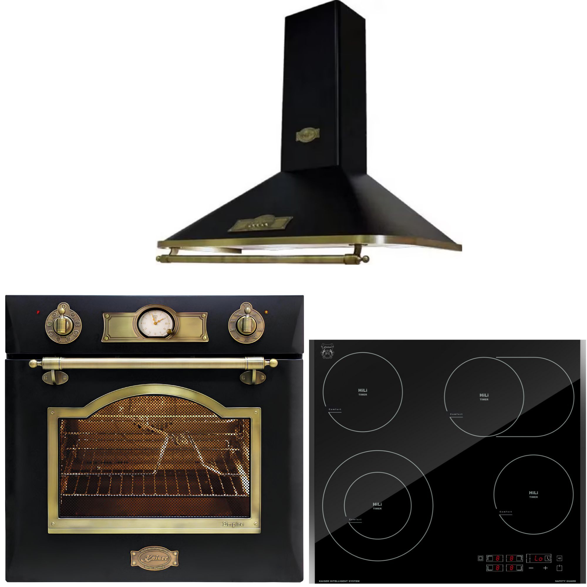 Kaiser Küchengeräte Backofen-Set Herd Set Autark Retro Elektro Einbau Backofen Autark 60cm 67L 8 Funktionen in Schwarz mit High Light Glaskeramik Kochfeld 60cm Schwarz glas Facettenschliff-Kanten+Dunstabzugshaube 60 cm 910 m³/h 3 Stufen Abluft Umluft EH 6355 Em+KCT 6115 F+A 6315 Em ECO, mit 1-fach-Teleskopauszug, Elektro Einbau Backofen+Glaskeramik Kochfeld 60cm+Dunstabzugshaube