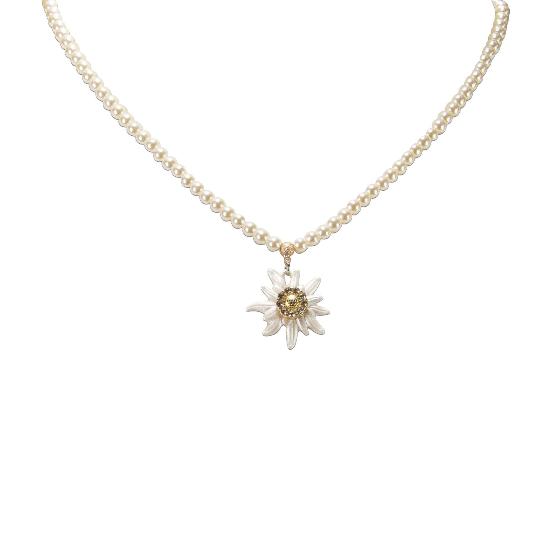 Alpenflüstern Collier Perlen-Trachtenkette Greta mit Strass-Edelweiß klein (creme-weiß), - Damen-Trachtenschmuck Dirndlkette – Bild 3 von 4