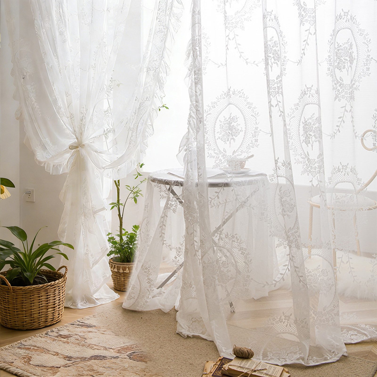 Sunicol Vorhang 2 Stück Französische Spitzenvorhang Durchlässig Gardinen, Vintage-Fensterbehandlung für Wohnzimmer Schlafzimmer