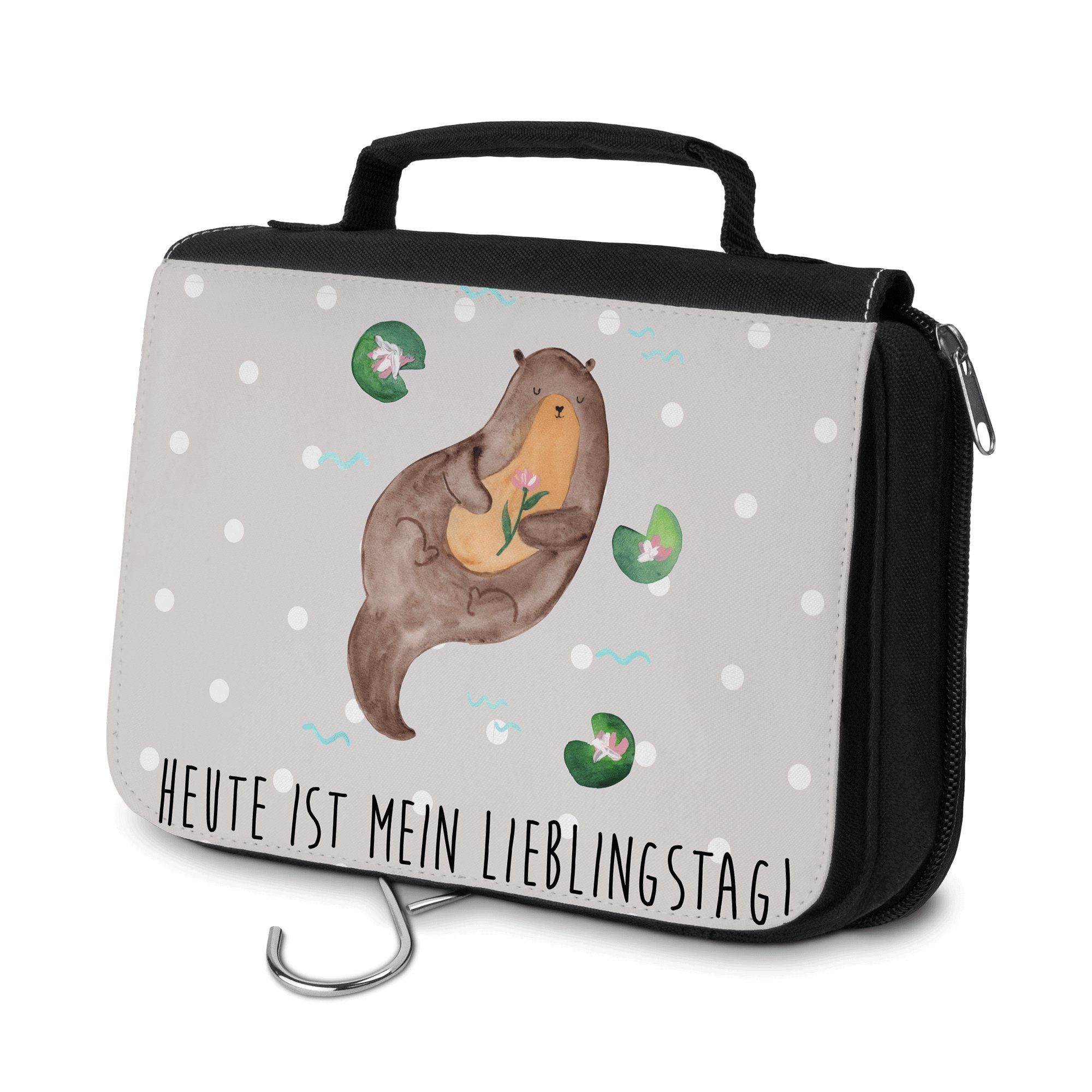 Mr. & Mrs. Panda Kulturbeutel Otter mit Seerose - Grau Pastell - Geschenk, Wasser, Herren, Otter Se (1-tlg)