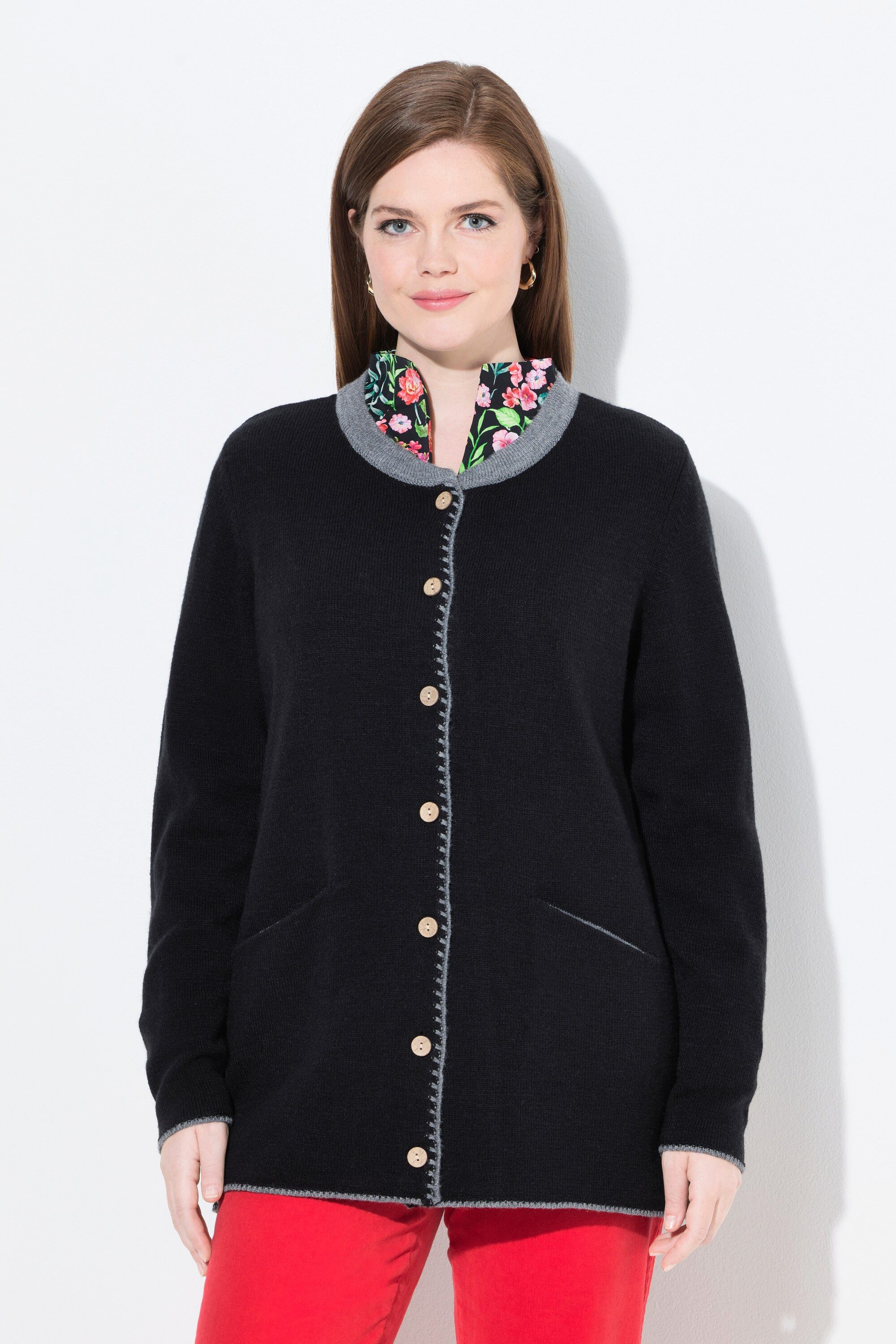 Ulla Popken Strickjacke Long-Strickjacke Hirsch-Stickerei A-Linie