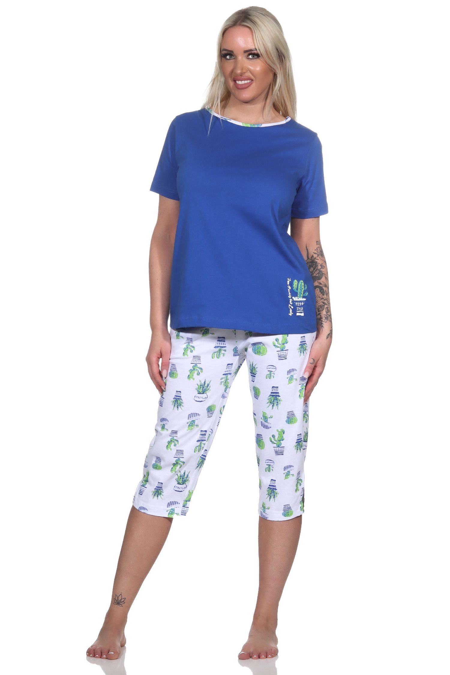 Damen Schlafanzug Kurzarm Normann Motiv blau Pyjama mit als Capri Kaktus