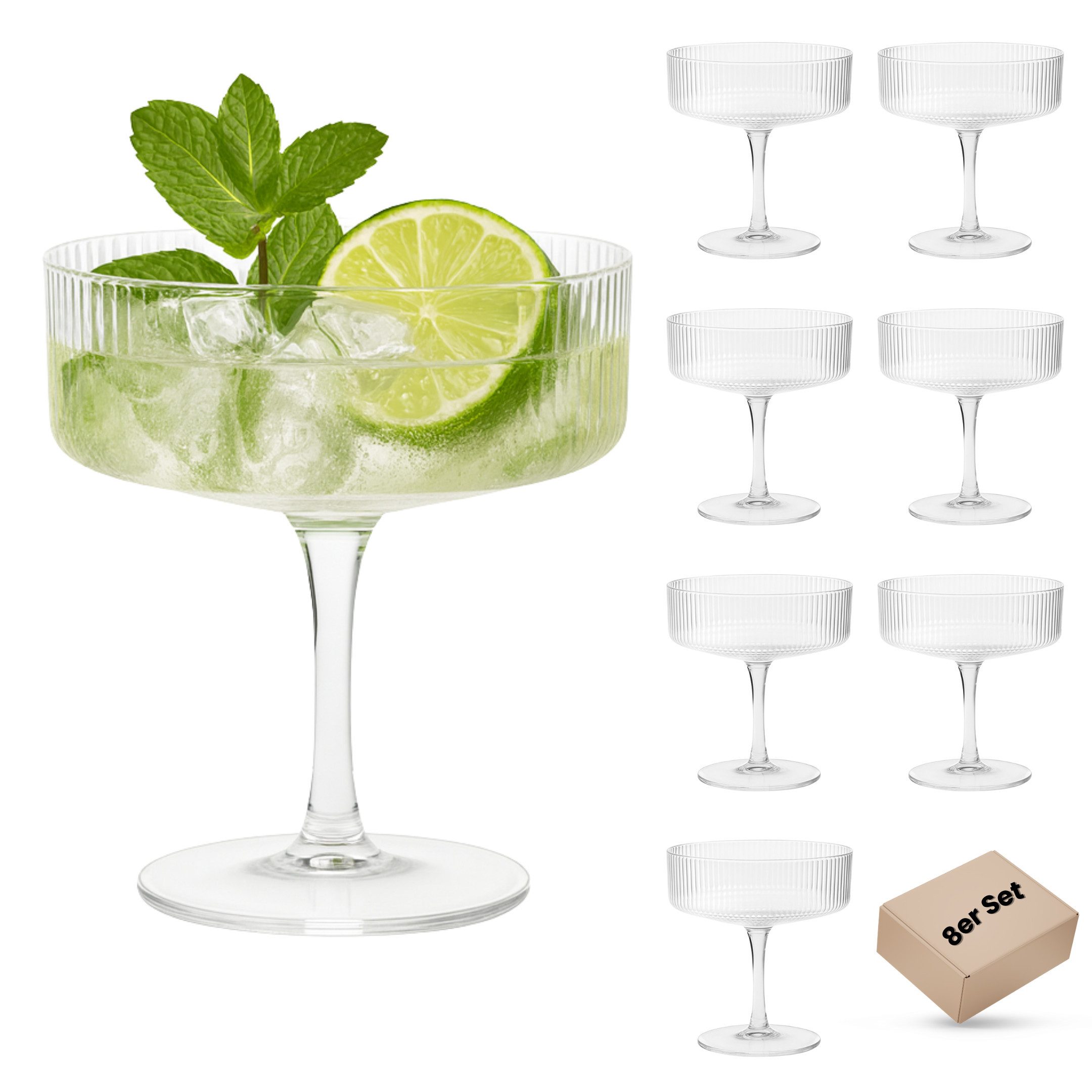 DAL CERO Martiniglas Cocktailglas 200 ml –Elegantes geripptes Glas für Cocktails & Desserts, 8-tlg.